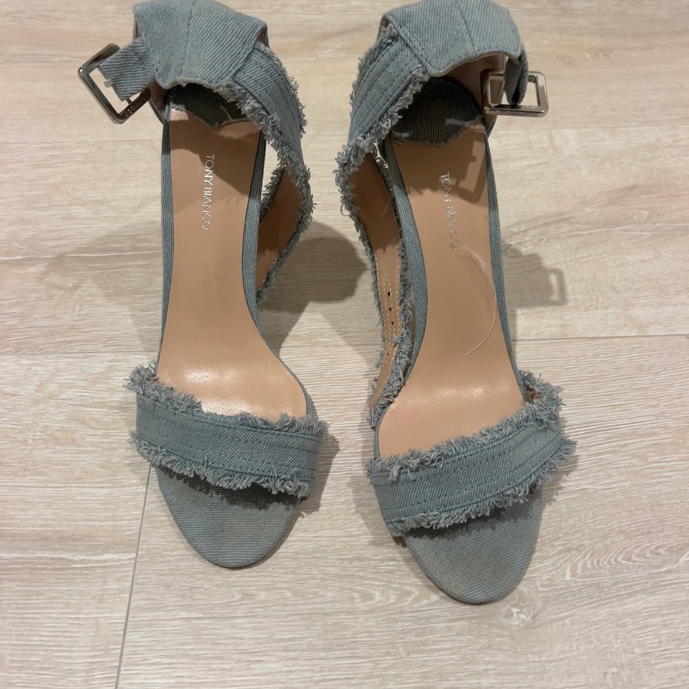 Tony Bianco Kira Light Denim Frayed Ankle Strap Stiletto Heels Womens 8.5